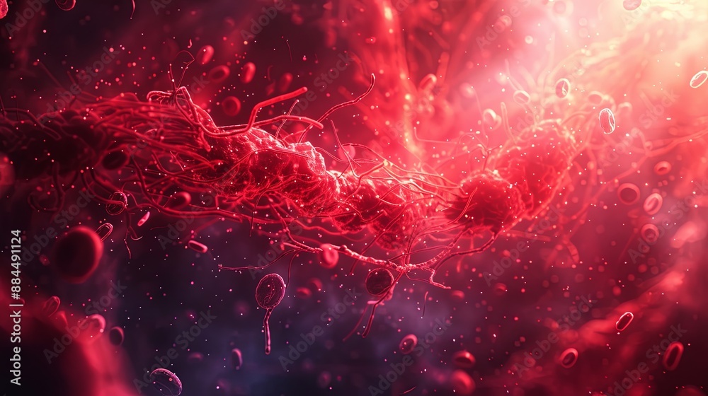 A dynamic close-up of red blood cells entangled in a complex network of ...