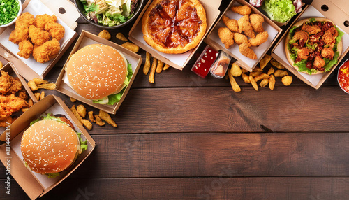 Top view of various takeout or delivery foods like hamburgers, pizza, fried chicken