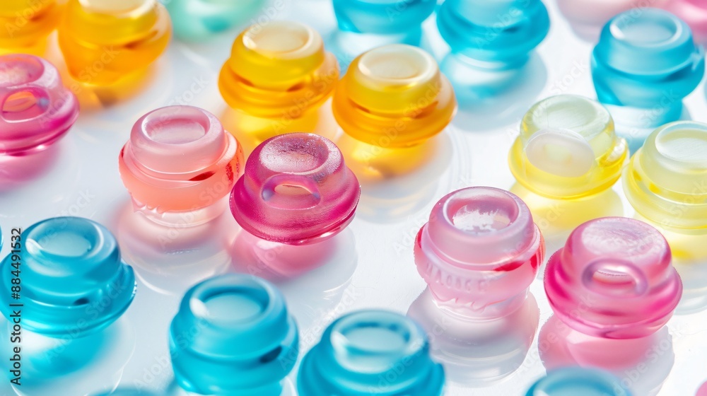 A collection of solid colored swimming earplugs displayed on a white background A collection of solid colored swimming earplugs displayed on a white background