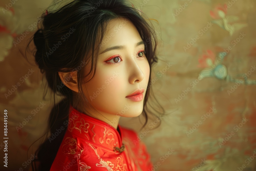 Portrait of a graceful woman with red makeup wearing a classic red dress, gazing softly into the distance Portrait of a graceful woman with red makeup wearing a classic red dress, gazing softly into the distance