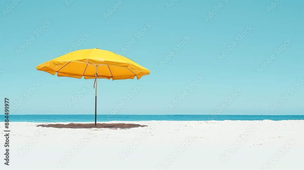 A single solid colored beach umbrella standing alone on a white sand background A single solid colored beach umbrella standing alone on a white sand background