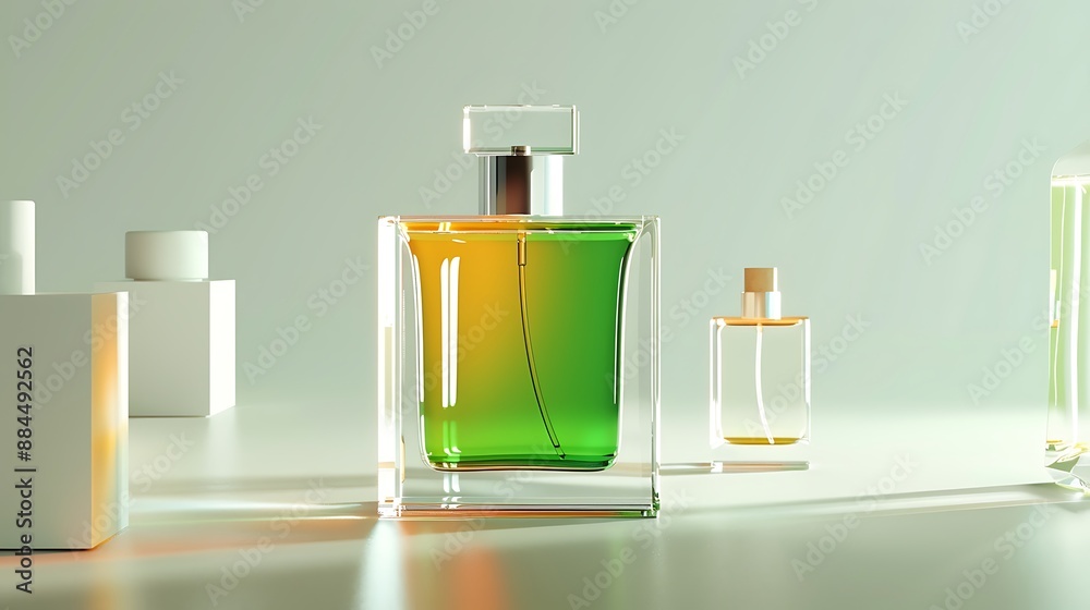 Minimalist 3D Visualization of Modern Perfume Bottles on Stylish Display Minimalist 3D Visualization of Modern Perfume Bottles on Stylish Display