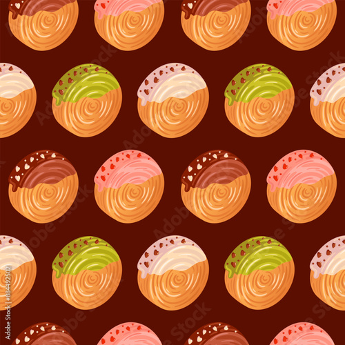 Croissant roll, round san. Seamless pattern Cromboloni, Coin, round croissant, covered with icing. bomboloni, filling with chocolate, pistachio and strawberry. For bakery shops, cafes, restaurants