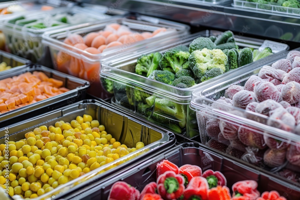 Frozen vegetables in supermarket refrigerator Frozen vegetables in supermarket refrigerator