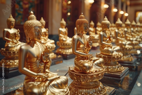 Gilded Serenity: Rows of Buddha Statues in a Temple Setting