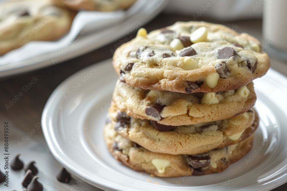 Stack of freshly baked chocolate chip cookies with white and dark chips Stack of freshly baked chocolate chip cookies with white and dark chips