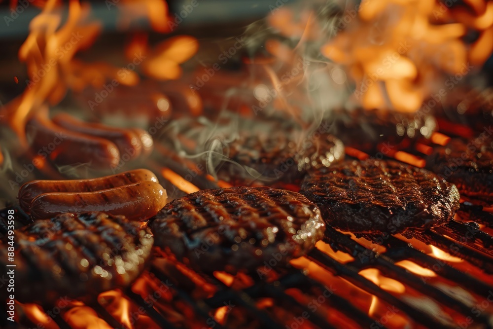 hamburgers and hotdogs cooking on flaming grill hamburgers and hotdogs cooking on flaming grill