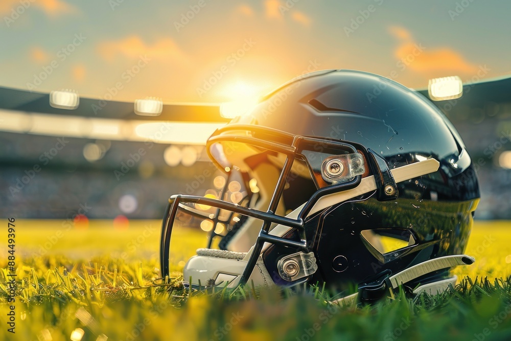 helmet of an American football player on the lawn against the backdrop of the stadium. copy space helmet of an American football player on the lawn against the backdrop of the stadium. copy space