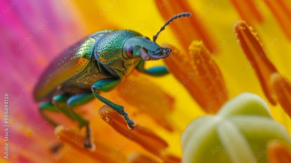 Lixus beetle crawling along a colorful flower petal Lixus beetle crawling along a colorful flower petal