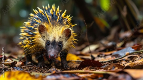 Lowland streaked tenrec foraging in the leaf litter of a tropical forest floor photo