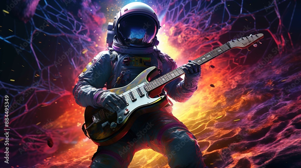 Fototapeta premium A dynamic image features an astronaut, dressed in a full spacesuit complete with a reflective helmet visor, playing an electric guitar. The background is a visually striking cosmic scene with vibrant,