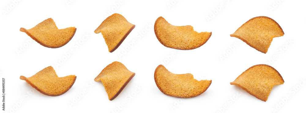 Rye-wheat bread croutons isolated on white background. Set with shadow and without one. Salted crunchy snack close-up.   