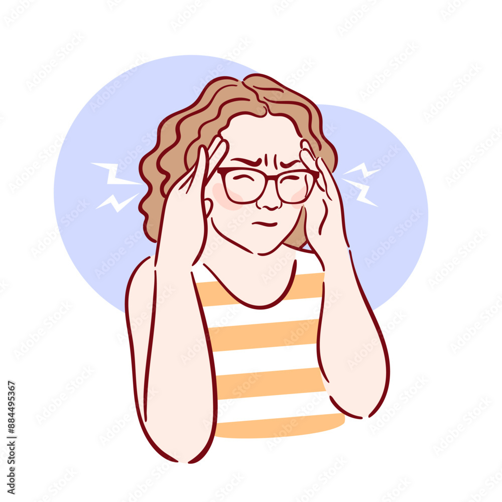 Young woman having headache. A girl in glasses holds her temples, migraine. Hand drawn vector illustration in sketch style. Health problems. Medical brochure template. Young woman having headache. A girl in glasses holds her temples, migraine. Hand drawn vector illustration in sketch style. Health problems. Medical brochure template.