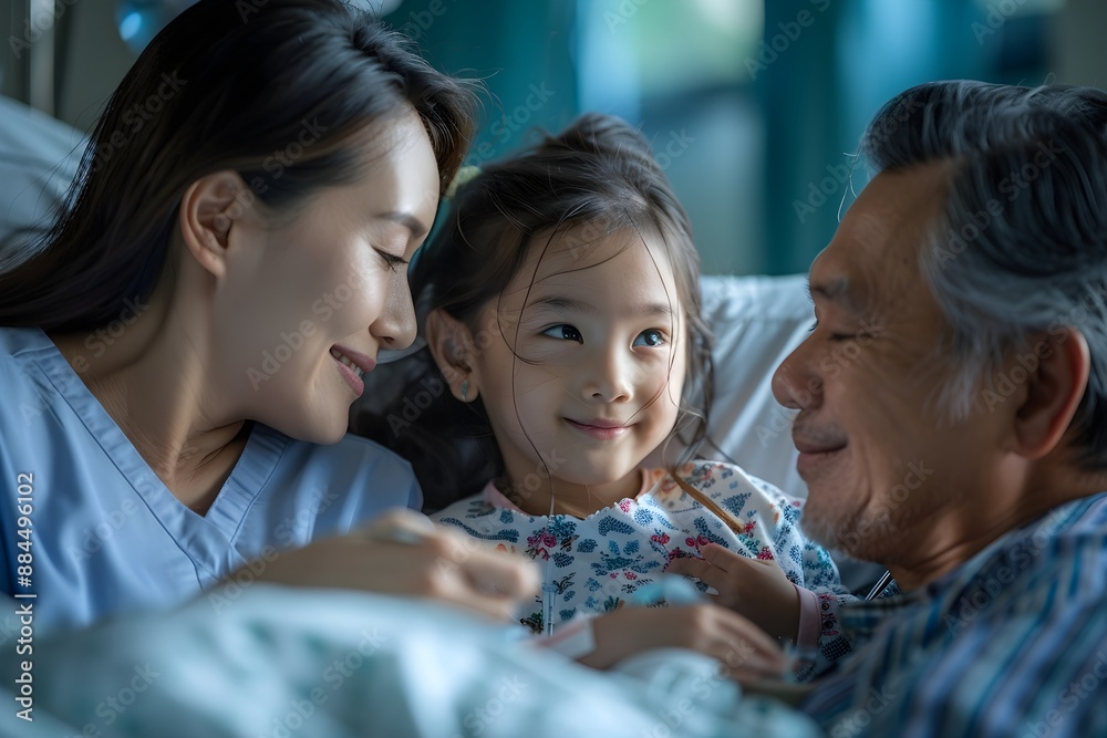 a pediatric patient with their parents in a hospital room, with the child receiving comfort from a parent. pediatric patient with parents. children health and medication a pediatric patient with their parents in a hospital room, with the child receiving comfort from a parent. pediatric patient with parents. children health and medication