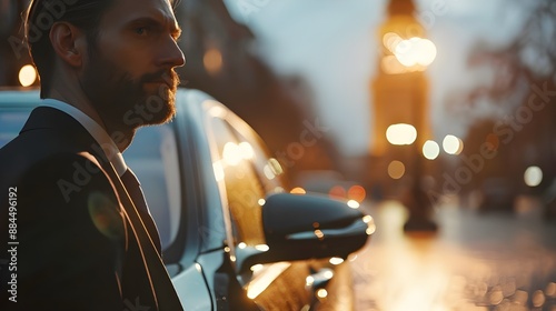 Close-up of a professional driver beside a premium vehicle. Chauffeured transportation photo