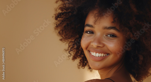 Close-Up Portrait of a Smiling African American Woman, Capturing Joy and Confidence in Vibrant Detail. Ideal for Adding Text or Messages