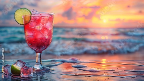 Refreshing cocktail on the beach at sunset - generative ai photo