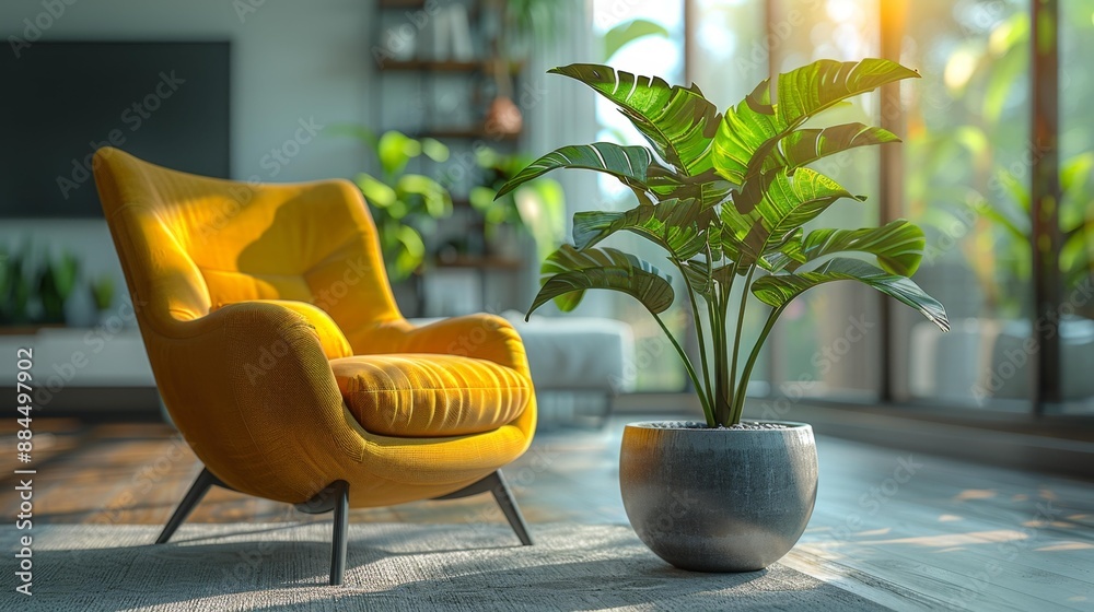 Fototapeta premium Modern interior with yellow chair and indoor plant - generative ai