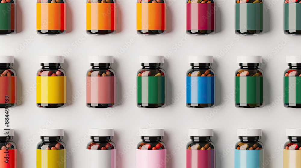 Colorful bottles arranged in rows, showcasing a variety of vivid shades on a neutral background. Perfect for health and wellness concepts. Colorful bottles arranged in rows, showcasing a variety of vivid shades on a neutral background. Perfect for health and wellness concepts.