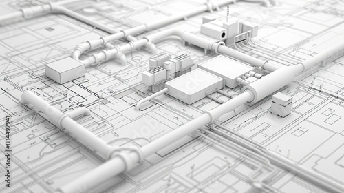 3D illustration blueprint of an architectural ventilation system design