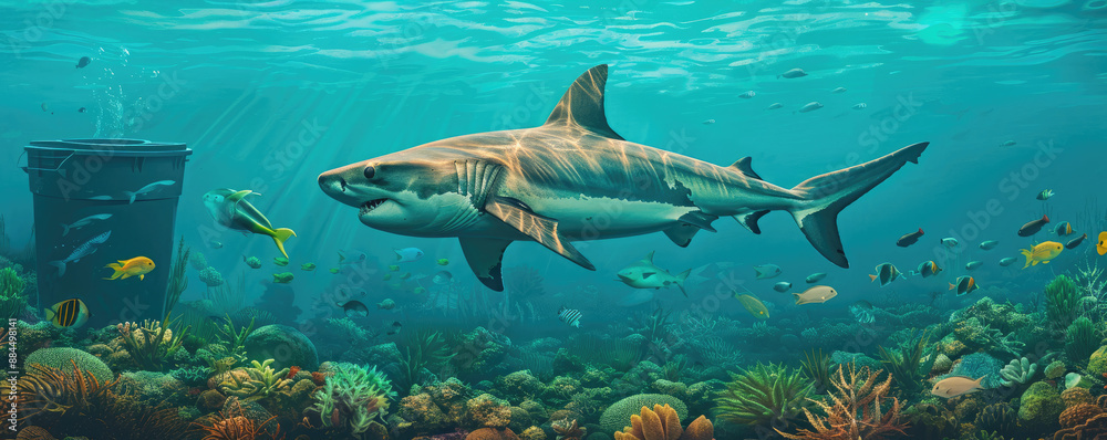 Obraz premium Majestic shark swimming in vibrant coral reef with colorful marine life in a serene underwater scene.