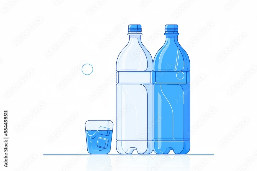 Simple line drawing icon of water bottles and glass on white background.
Simple line drawing icon of water bottles and glass on white background.