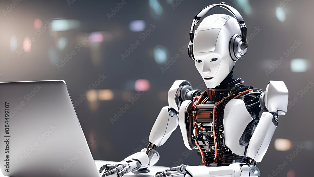 Humanoid Robot Working On Laptop With Headphones Humanoid Robot Working On Laptop With Headphones
