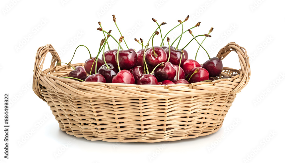 cherries in a wicker basket isolated on white background