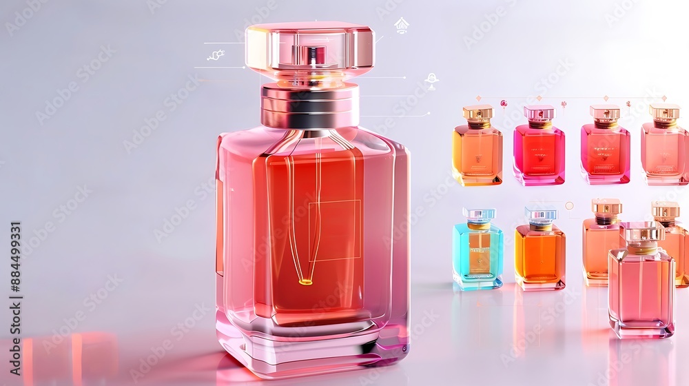 Elegant Perfume Bottles on Display with Vibrant Colors Elegant Perfume Bottles on Display with Vibrant Colors