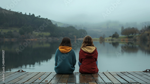 Two friends sitting side by side on jetty, Valdemurio Reservoir, Asturias, Spain, serene friendship moment, peaceful lakeside scene, friends at Valdemurio Reservoir, sitting on jetty together, tranqui