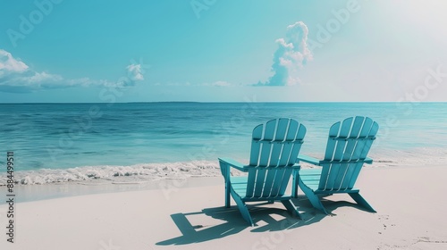Two empty blue Adirondack chairs on a tropical beach symbolize retirement goals and financial planning, representing a business concept for a successful future investment strategy.