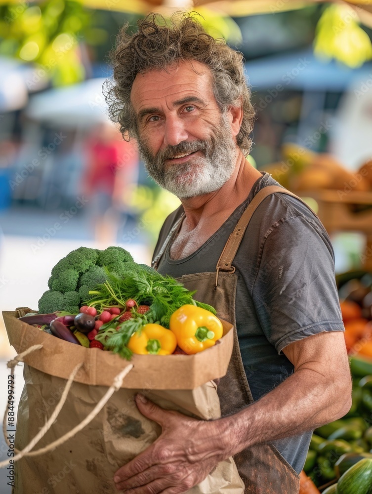 A person carrying a paper bag filled with fresh produce, great for illustrating food-related concepts or everyday life scenes A person carrying a paper bag filled with fresh produce, great for illustrating food-related concepts or everyday life scenes