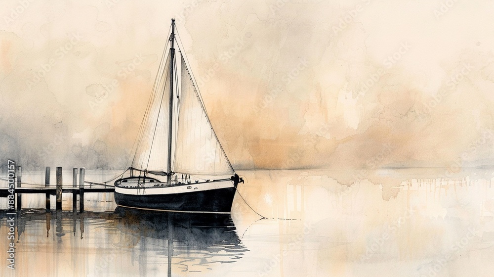 Oldfashioned schooner docked at a wooden pier, maritime trade, sepia hues, pencil sketch, historical setting Oldfashioned schooner docked at a wooden pier, maritime trade, sepia hues, pencil sketch, historical setting