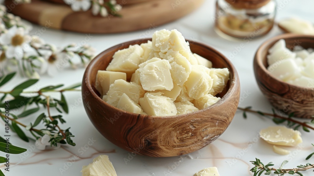 Wooden bowls filled with raw cocoa butter chunks on a marble surface, surrounded by greenery and flowers. Wooden bowls filled with raw cocoa butter chunks on a marble surface, surrounded by greenery and flowers.