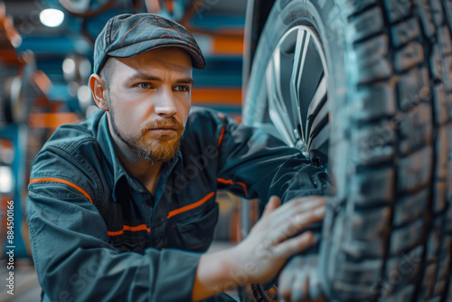 Portrait of professional mechanic and new car tyre at auto repair shop. Technician man at auto repair service center.generative ai