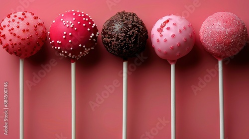   Row of candy lollipops with sprinkles on top, on pink background © Shanti