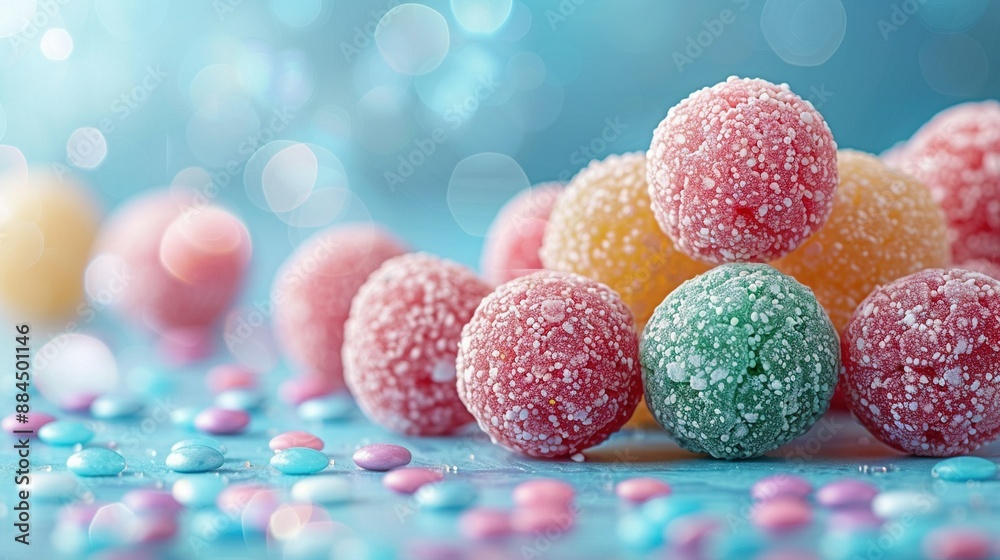 A group of vibrant candies arranged on a blue-confetti sprinkle-covered table A group of vibrant candies arranged on a blue-confetti sprinkle-covered table