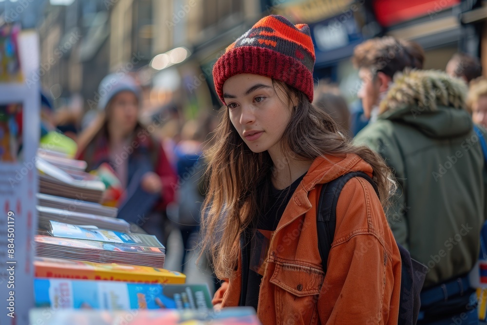 A Young Woman Browses Flyers in a Bustling City Street