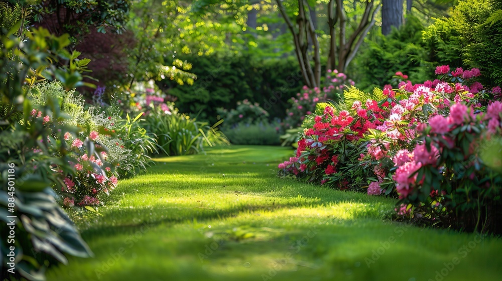 A lush green botanical garden with blooming spring flowers and a lawn path A lush green botanical garden with blooming spring flowers and a lawn path