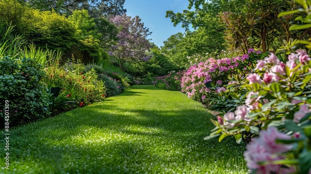 Fototapeta premium A lush green botanical garden with blooming spring flowers and a lawn path