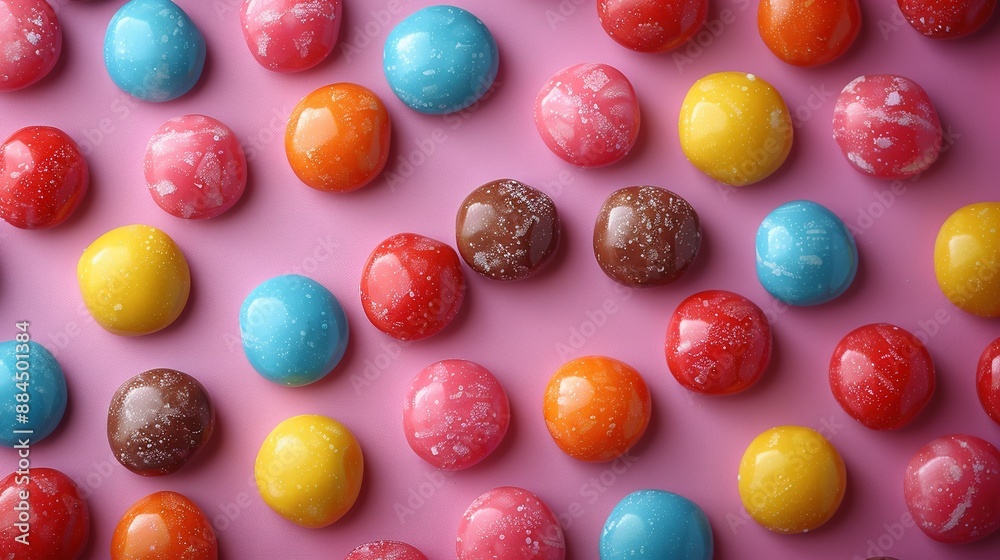 Pink surface with colorful candies & sprinkles Pink surface with colorful candies & sprinkles