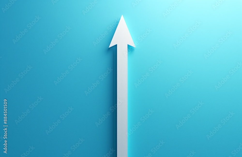 Fototapeta premium Elegant white arrow pointing up on dark blue background. Symbol of growth and progress.