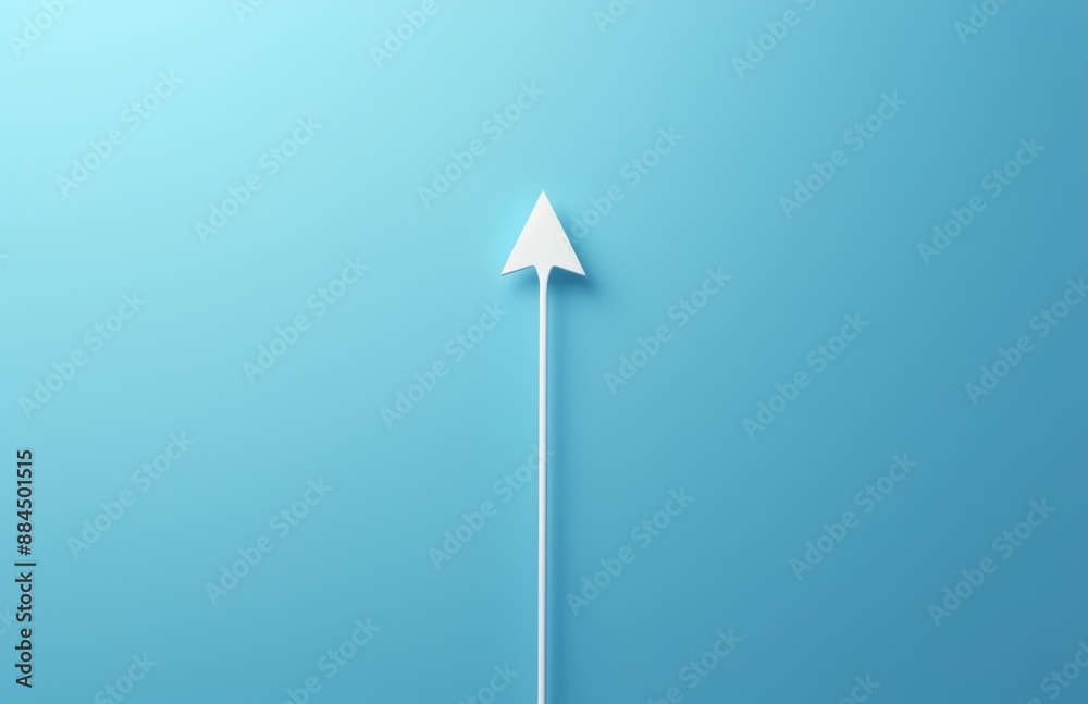 Elegant white arrow pointing up on dark blue background. Symbol of growth and progress.