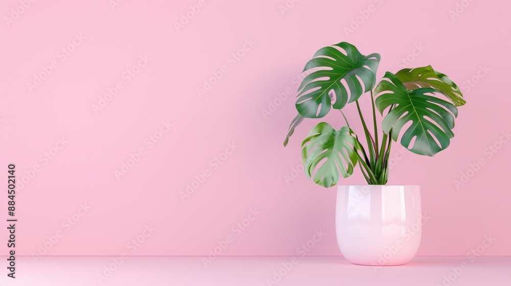 A white vase with a green plant in it sits on a pink wall A white vase with a green plant in it sits on a pink wall