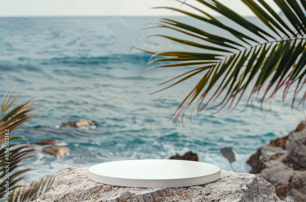Minimalist white podium on seaside rock surrounded by palm leaves. Symmetrical outdoor composition. Minimalist white podium on seaside rock surrounded by palm leaves. Symmetrical outdoor composition.
