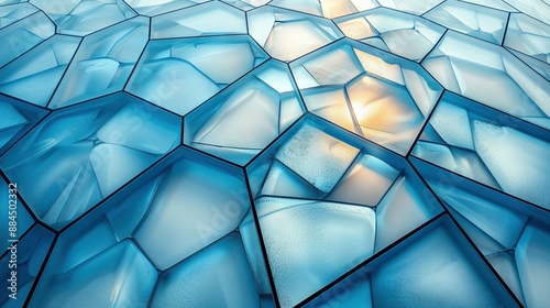   Close-up of a hexagonal glass wall with light shining through