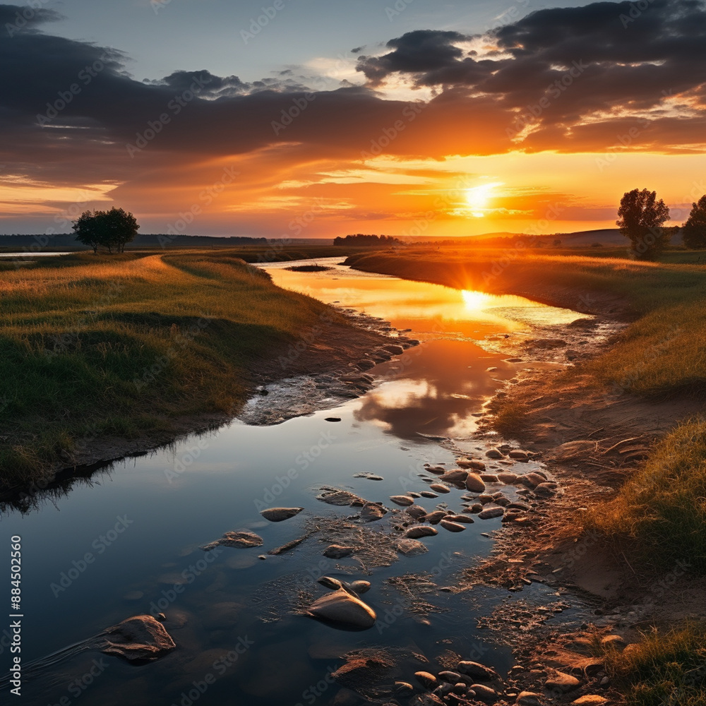 Fototapeta premium Photo a landscape with a river and a sunset.