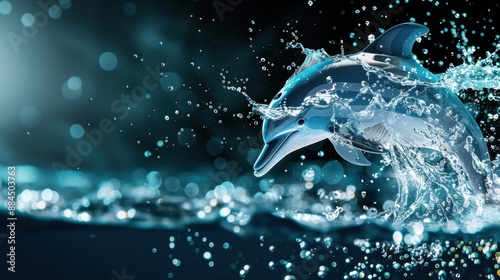 A mesmerizing illustration of creative water shapes forming a dolphin mid-leap, with intricate splashes and droplets adding dynamic movement