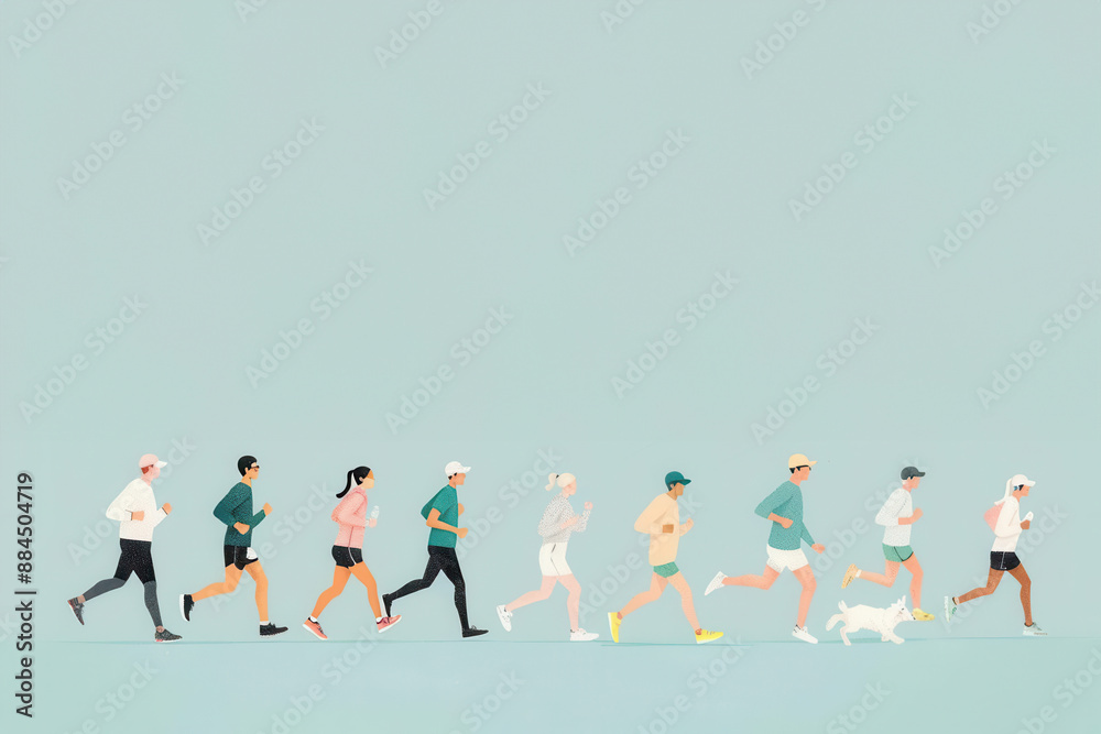 Obraz premium Marathon runners, pacing and movement on course, flat design illustration