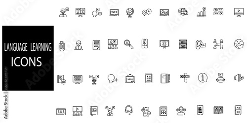 Language learning simple concept 44 icons set. Contains such hi,hello,rwading,writing,listening etc .Vector illustration.